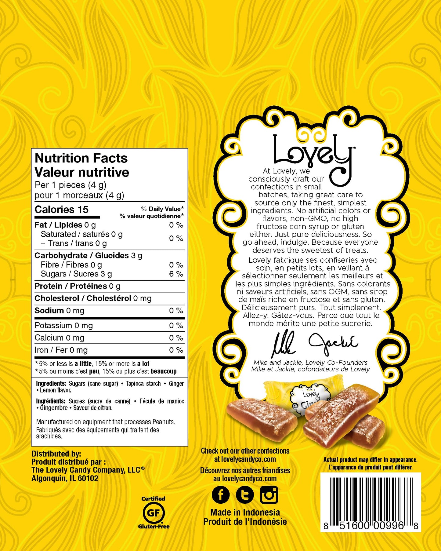Lovely Candy Co. Lemon Ginger Chews, Made with Real Ginger, Individually Wrapped, 5oz (6-Pack) | Gluten-Free, Non-GMO, NO Artifi