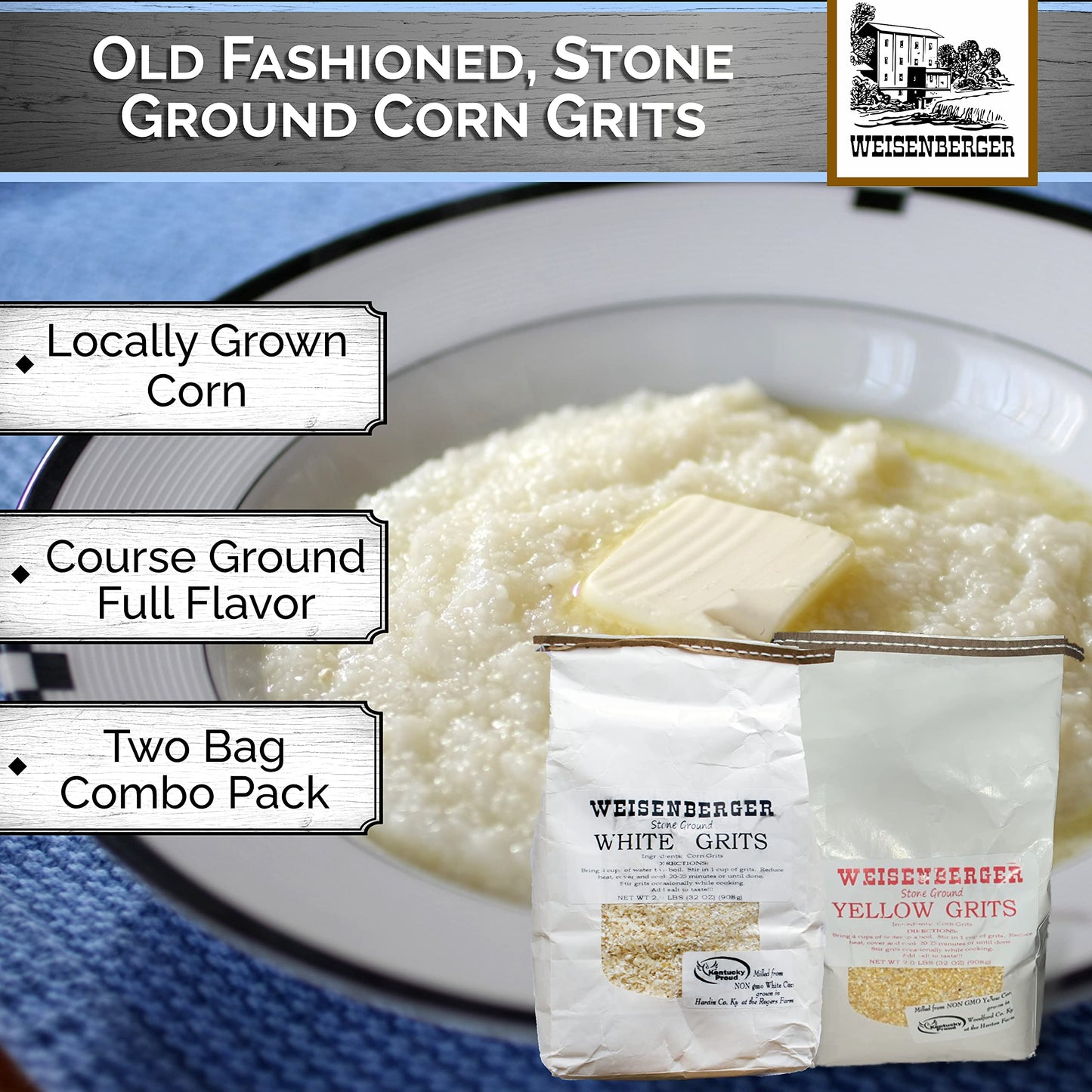 Weisenberger Stone Ground Grits - Southern Style Corn Grits - 2 lb Pack of 2 - Non-GMO Course Ground White and Yellow