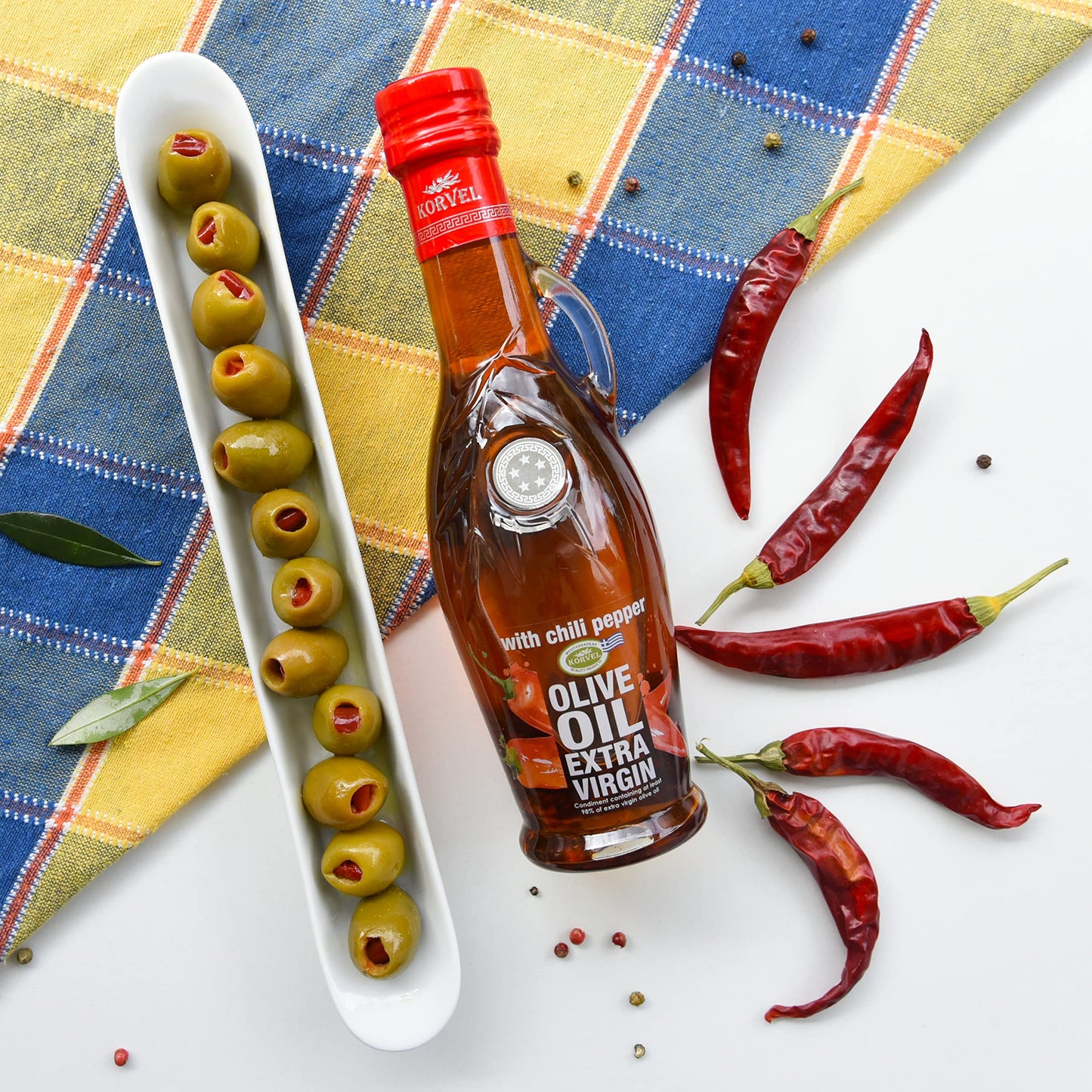 KORVEL Extra Virgin Olive Oil with Chili Pepper, 250 ml, Glass Bottle