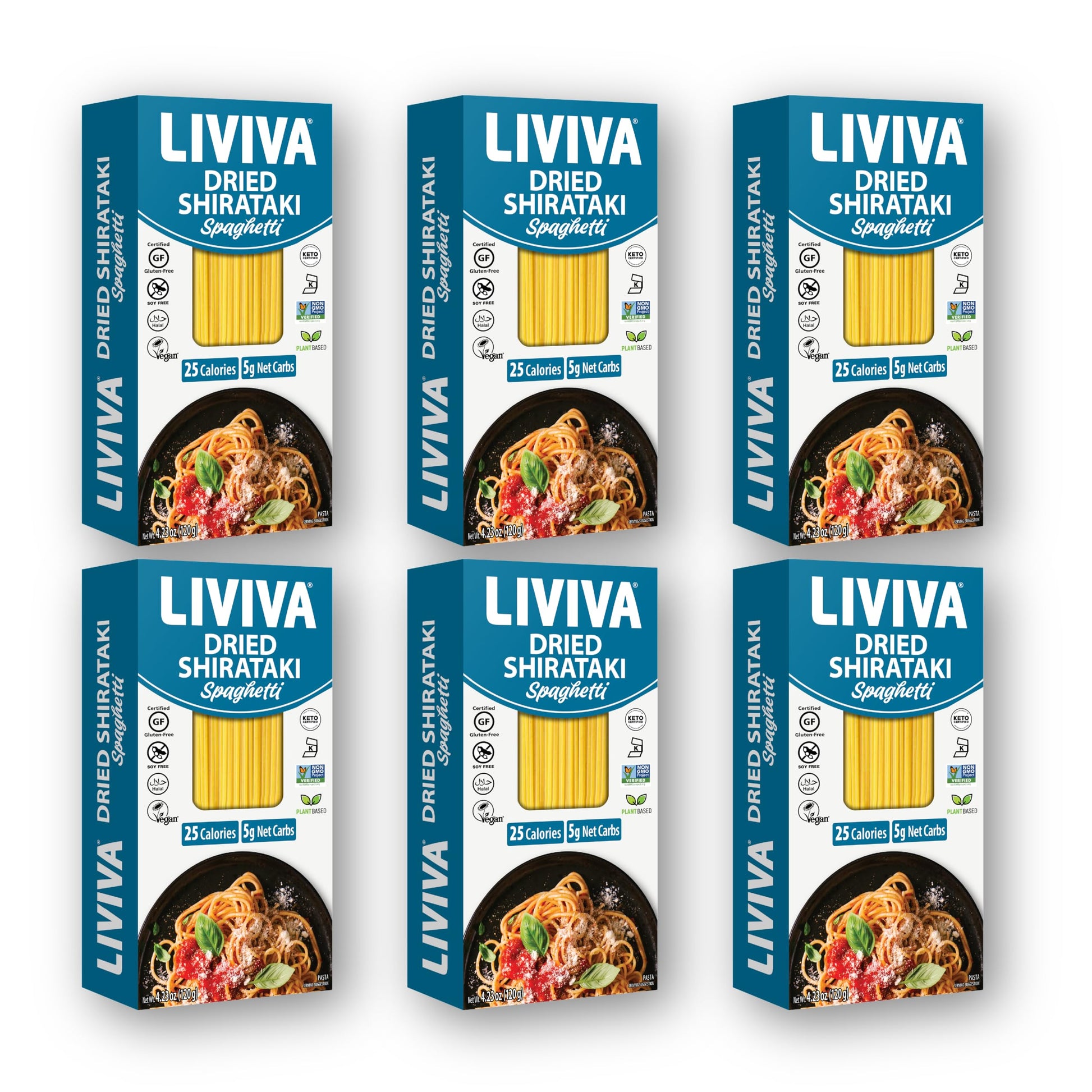 Liviva Foods Dried Shirataki Spaghetti - 6 Pk - Certified Gluten Free, Non-Gmo, Vegan, Halal, Kosher, Plant-Base, Keto & Low Carb, Only 5 Netcarbs, 25 Calories, Diabetic-Friendly, Taste And Cook Like Spaghetti.