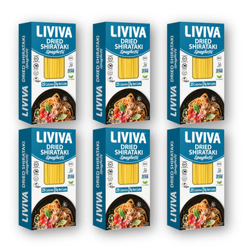 Liviva Foods Dried Shirataki Spaghetti - 6 Pk - Certified Gluten Free, Non-Gmo, Vegan, Halal, Kosher, Plant-Base, Keto & Low Carb, Only 5 Netcarbs, 25 Calories, Diabetic-Friendly, Taste And Cook Like Spaghetti.