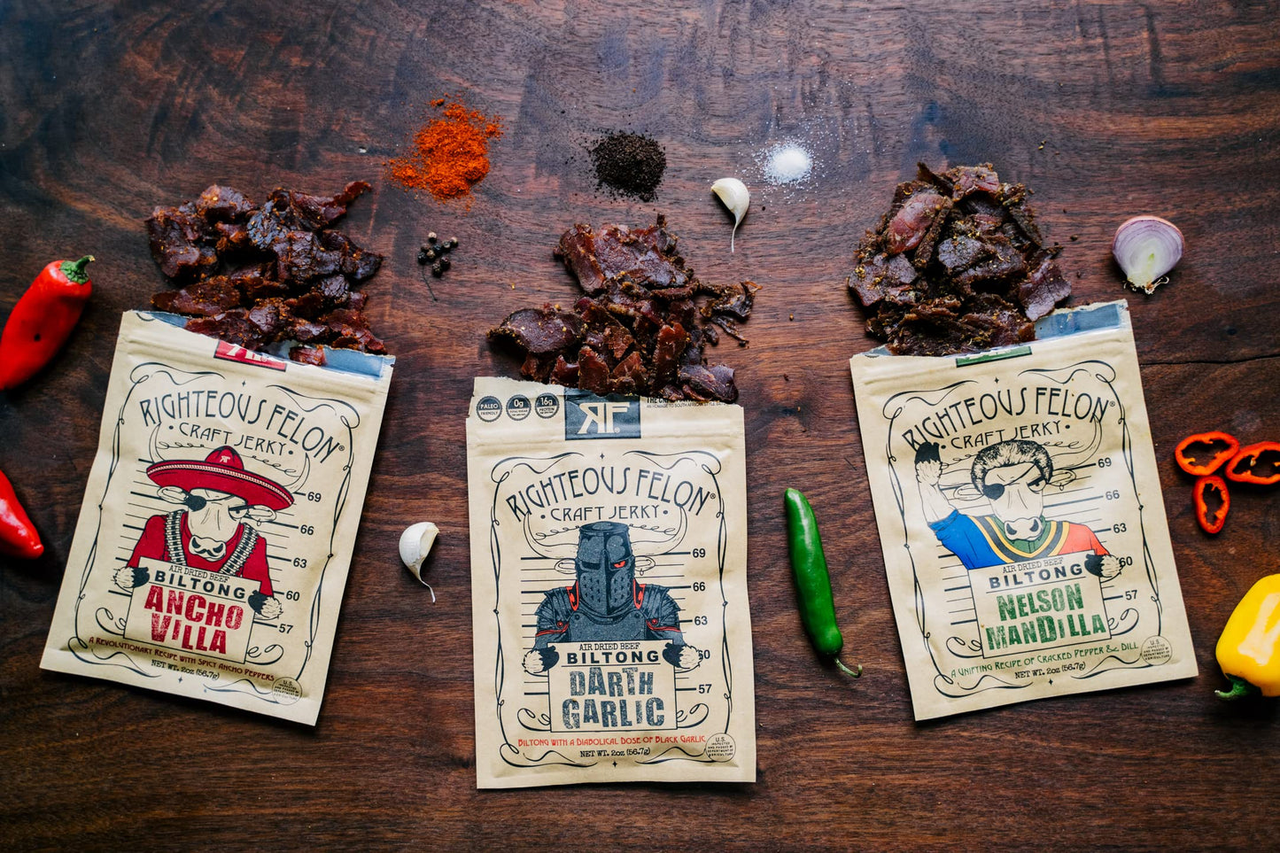 Righteous Felon Biltong Beef Jerky Variety Pack, High Protein, Keto-Friendly, 2 Ounce (Pack of 3), Variety Pack (3 Count)