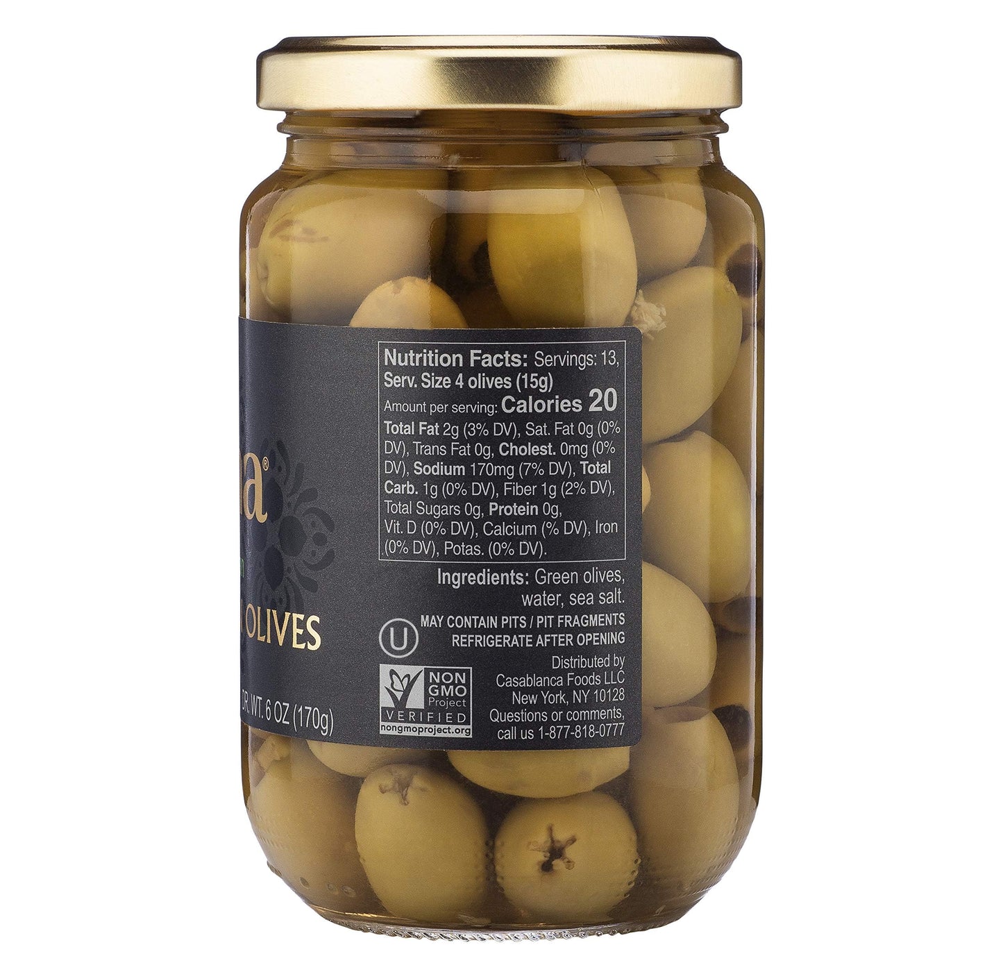 Mina Pitted Green Olives - Naturally Cured, Gluten Free, Low Carb, Vegan, Non-GMO, 12.5 oz, Pack of 6