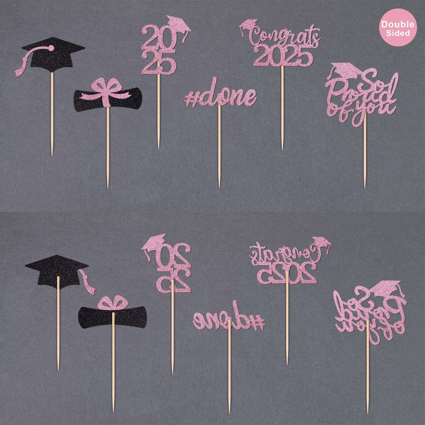 Gexolenu 36 Pcs Class Of 2025 Graduation Cupcake Toppers, Pink Glitter Double-Sided Grad Cap Cake Picks For Party Supplies, Deco