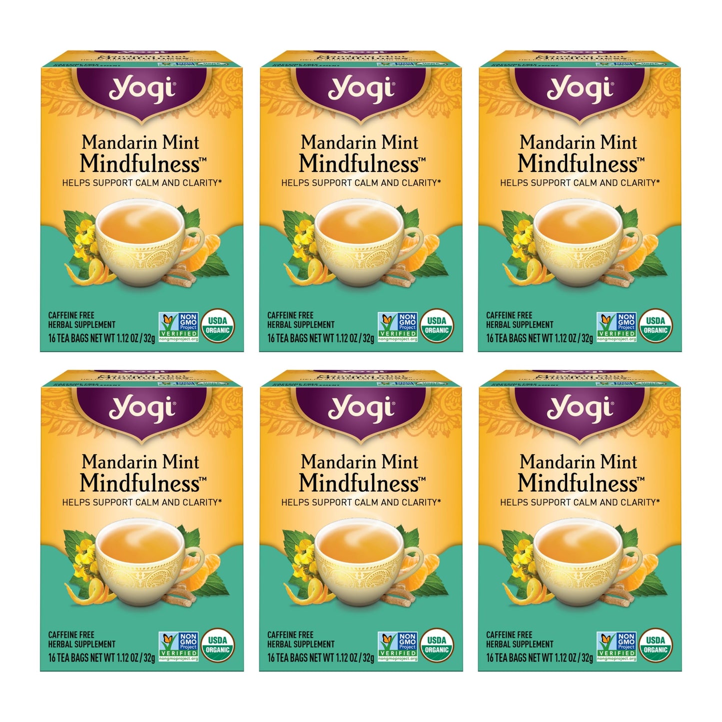 Yogi Tea Mandarin Mint - Organic Herbal Tea with Ashwagandha & Reishi - 16 Bags per Pack (6 Pack)