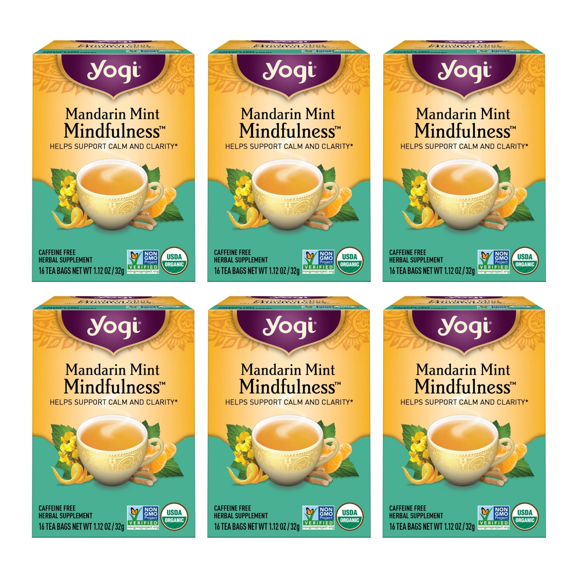 Yogi Tea Mandarin Mint - Organic Herbal Tea with Ashwagandha & Reishi - 16 Bags per Pack (6 Pack)