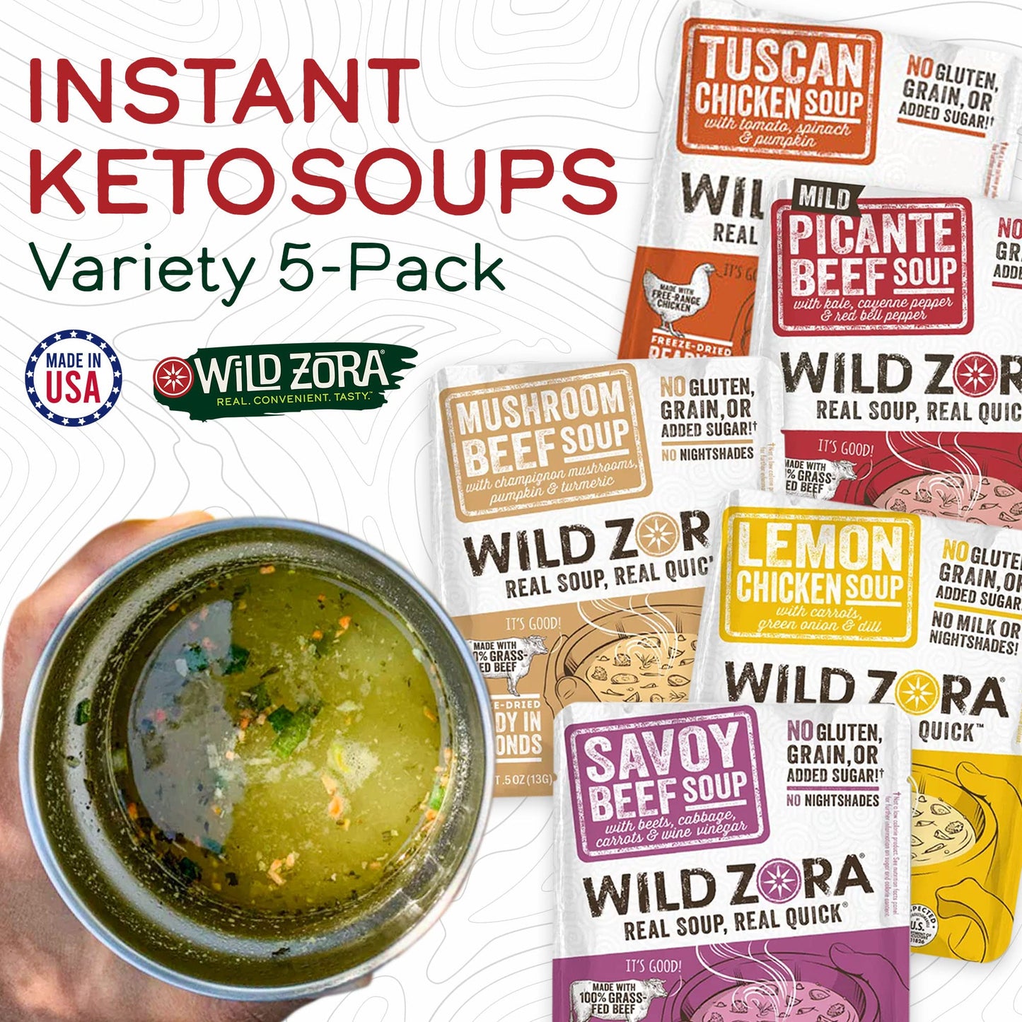 Wild Zora Instant Keto-Friendly Soups 5-Pack Variety, Broth Made With Grass-Fed Beef, Free-Range Chicken, And Vegetables, Gluten
