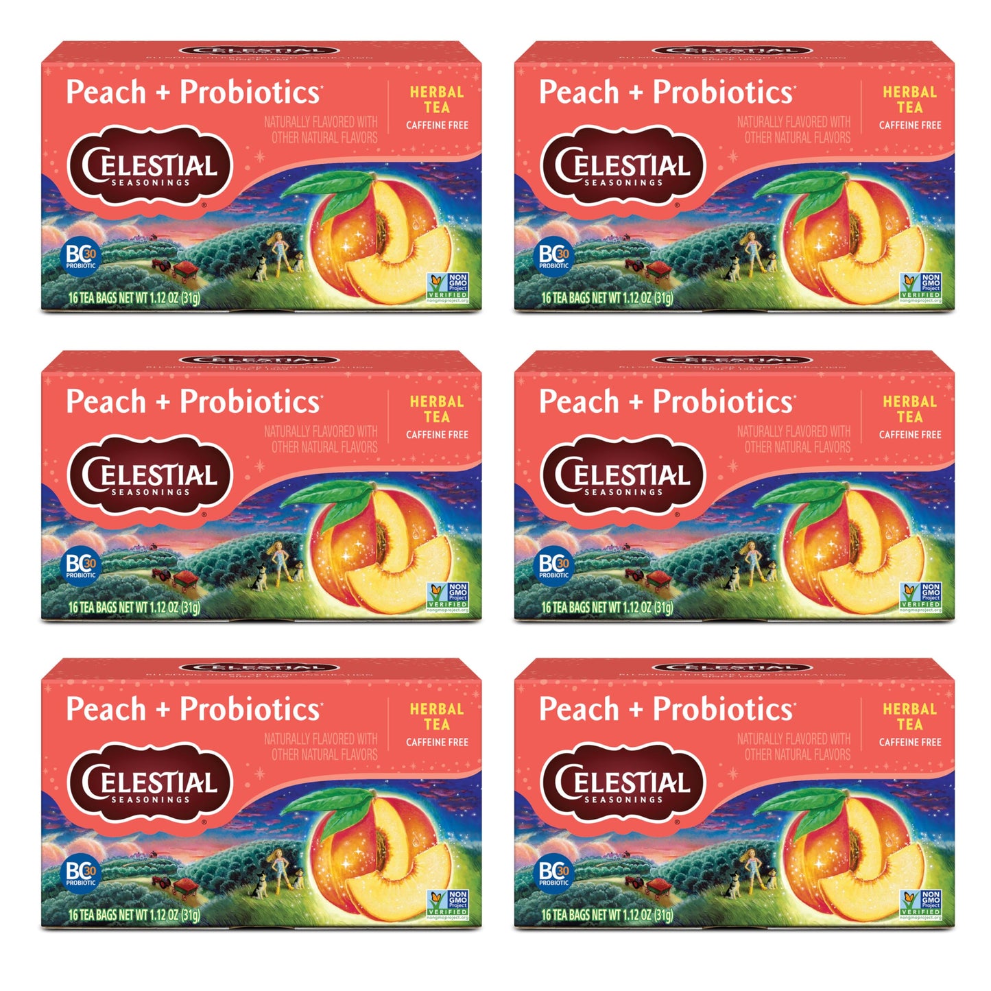 Celestial Seasonings Peach Probiotics Herbal Tea, Caffeine Free, 16 Count (Pack of 6)