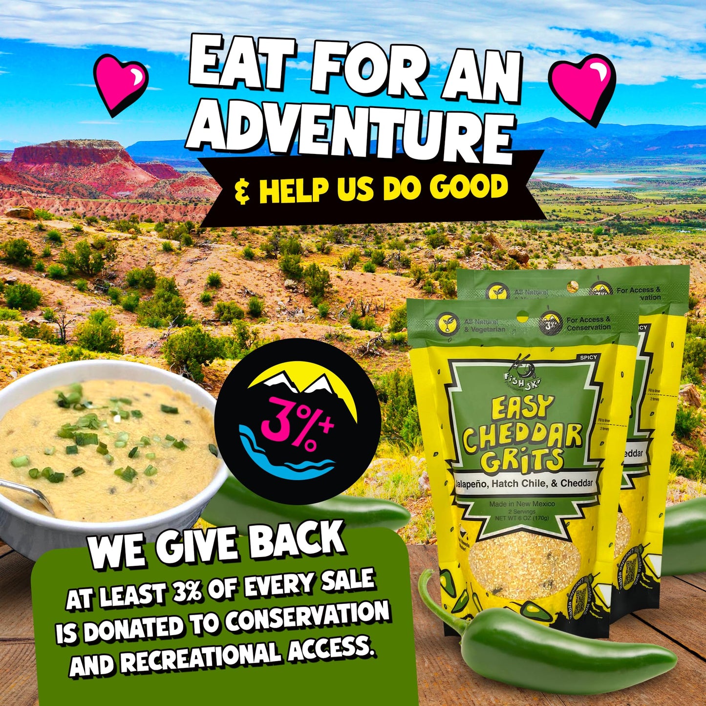 Jalapeno Yellow Corn Grits With Cheddar Cheese + Hatch Green Chile + Garlic, By Fishski Provisions, 6 Oz Bags, 24 Pack
