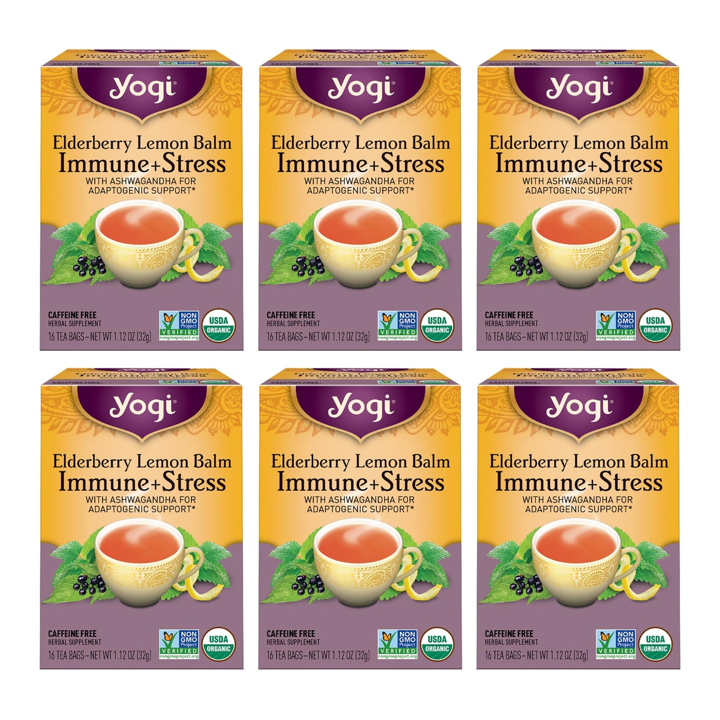 Yogi Tea Elderberry Lemon Balm Immune & Stress Tea - 16 Tea Bags per Pack (6 Packs) - Organic Immune Support Tea - Includes Ashw