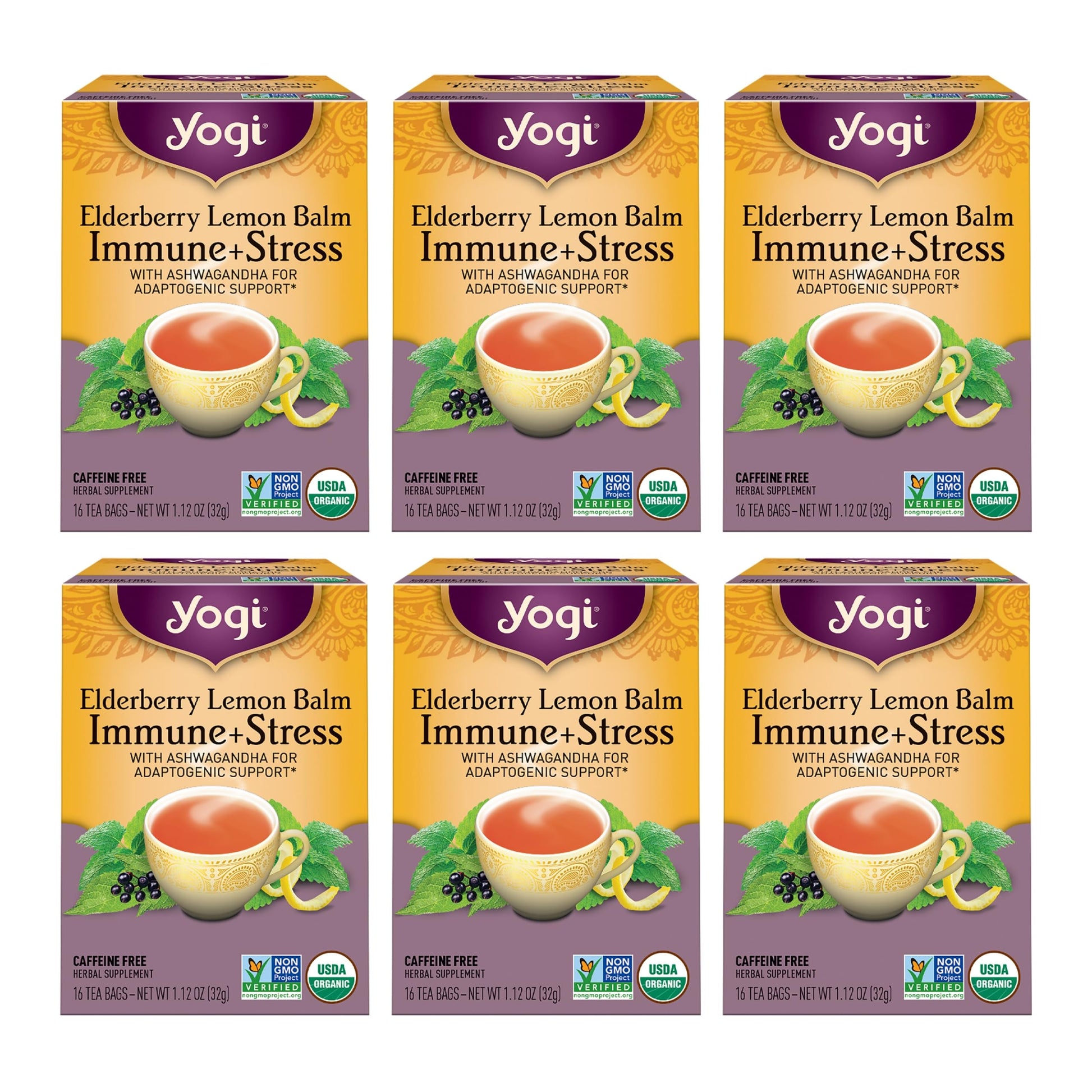 Yogi Tea Elderberry Lemon Balm Immune & Stress Tea - 16 Tea Bags per Pack (6 Packs) - Organic Immune Support Tea - Includes Ashw