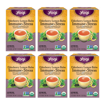Yogi Tea Elderberry Lemon Balm Immune & Stress Tea - 16 Tea Bags per Pack (6 Packs) - Organic Immune Support Tea - Includes Ashw