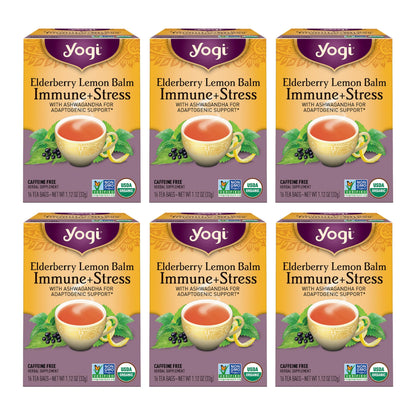 Yogi Tea Elderberry Lemon Balm Immune & Stress Tea - 16 Tea Bags per Pack (6 Packs) - Organic Immune Support Tea - Includes Ashw