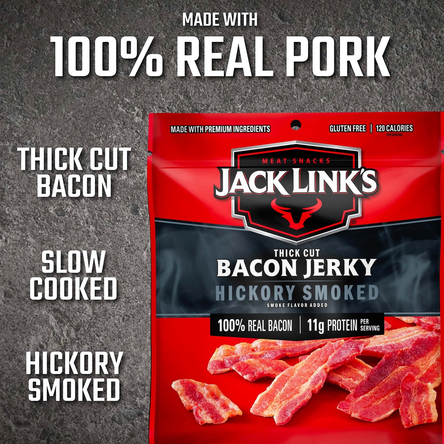 Jack Links Bacon Jerky, Hickory Smoked - Flavorful Ready To Eat Meat Snack With 11G Of Protein Per Serving, Made With 100% Thick Cut Real Bacon, Protein Snack, Keto Friendly, 2.5 Oz.