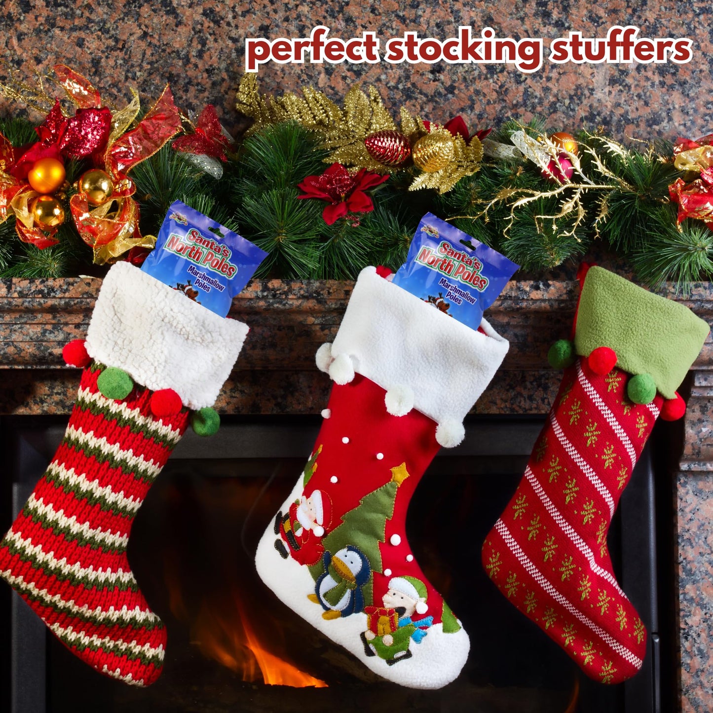 Sweetzo North Pole Marshmallow Poles, Individually Wrapped, Christmas 2024 Stocking Stuffer, Pack of 3, 8 Candies Each