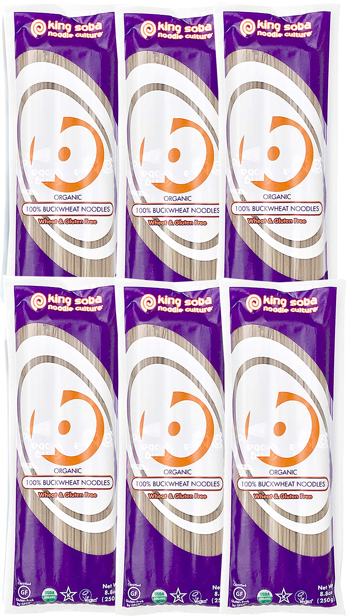 6-PACK King Soba Organic 100% Buckwheat Noodles, Gluten Free- 3.3 Lbs, 3 paper-tied servings per 8.8oz package