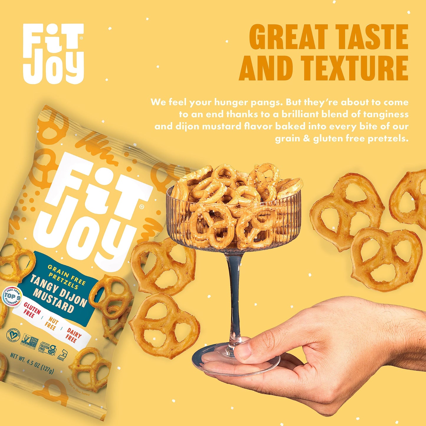 FitJoy Tangy Dijon Mustard Pretzels (Pack of 6, 4.5 Oz) - Dairy, Nut & Gluten Free Snacks - Grain Free Cassava Root & Chickpea F