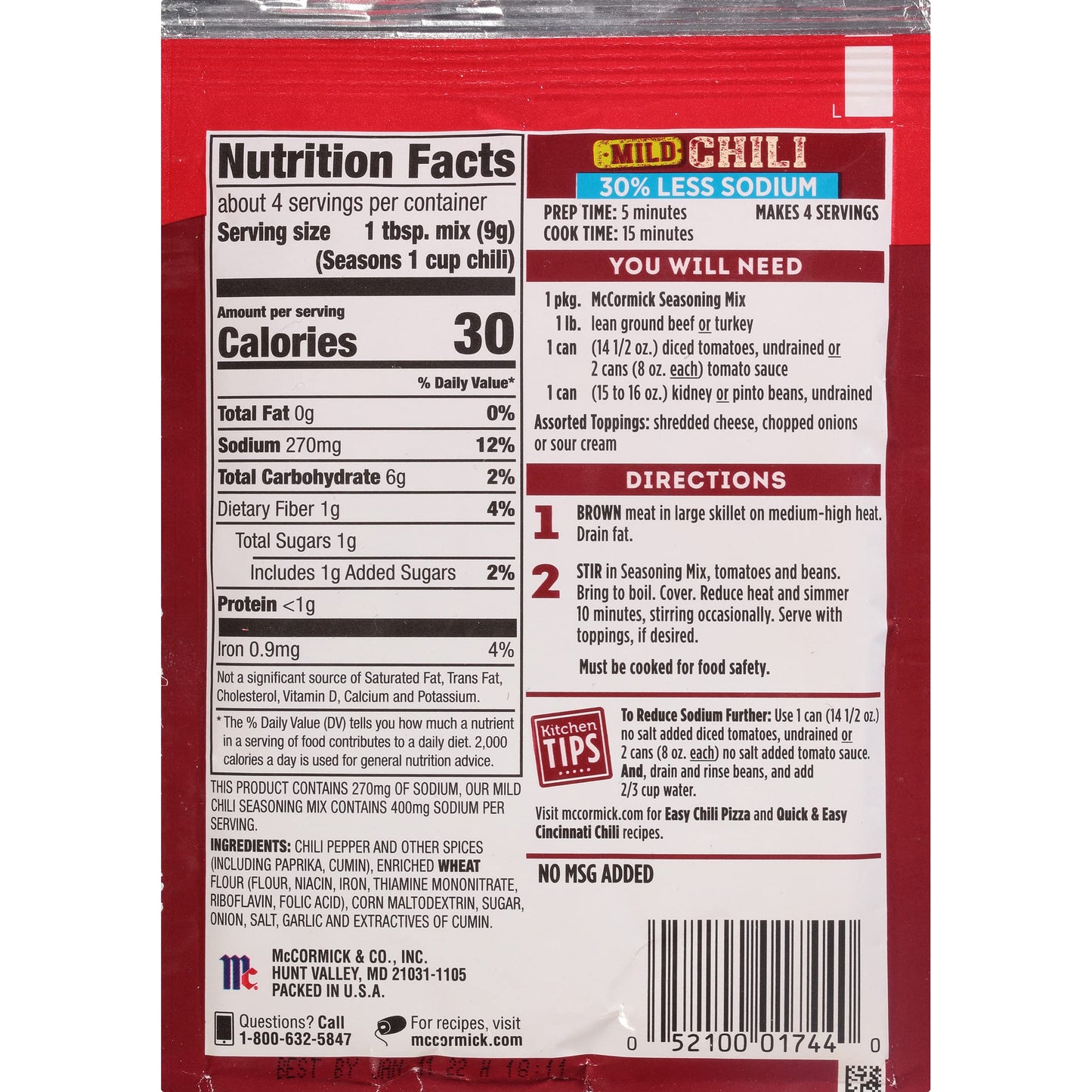 Mccormick Mild Chili, 30% Less Sodium, Seasoning Mix 1.25Oz Packets 5