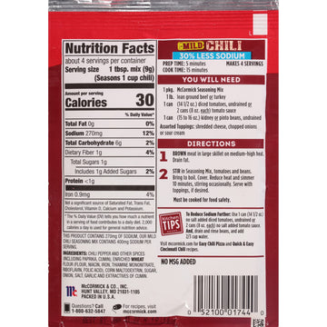 Mccormick Mild Chili, 30% Less Sodium, Seasoning Mix 1.25Oz Packets 5