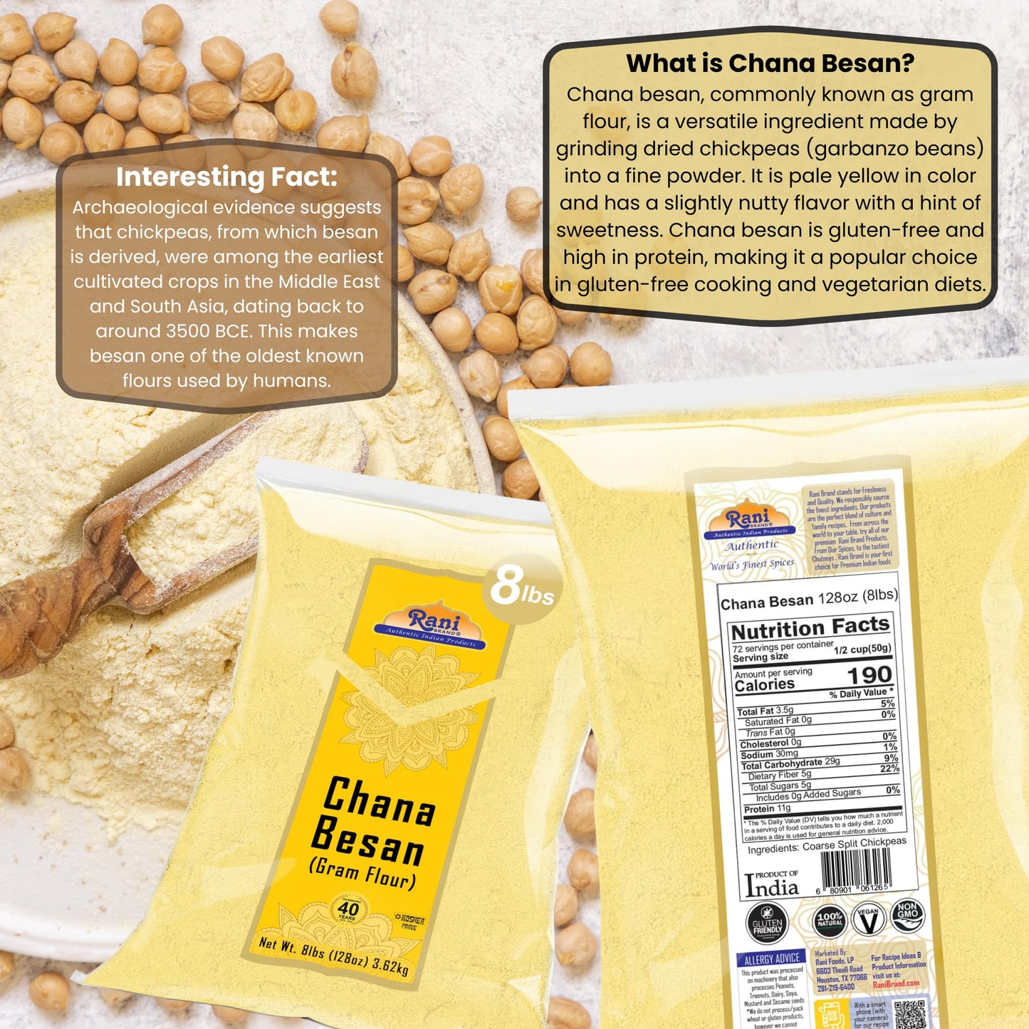 Rani Chana Besan (Chickpeas Flour, Gram) 128Oz (8Lbs) 3.63Kg Bulk ~ All Natural | Vegan | Gluten Friendly | Non-Gmo | Indian Origin