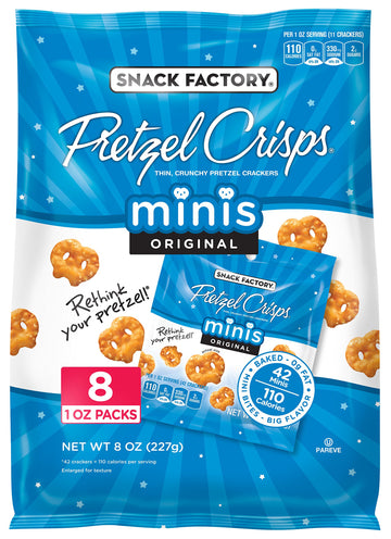 Snack Factory Pretzel Crisps, Original Minis, Multipack of 8 Single-Serve Bags
