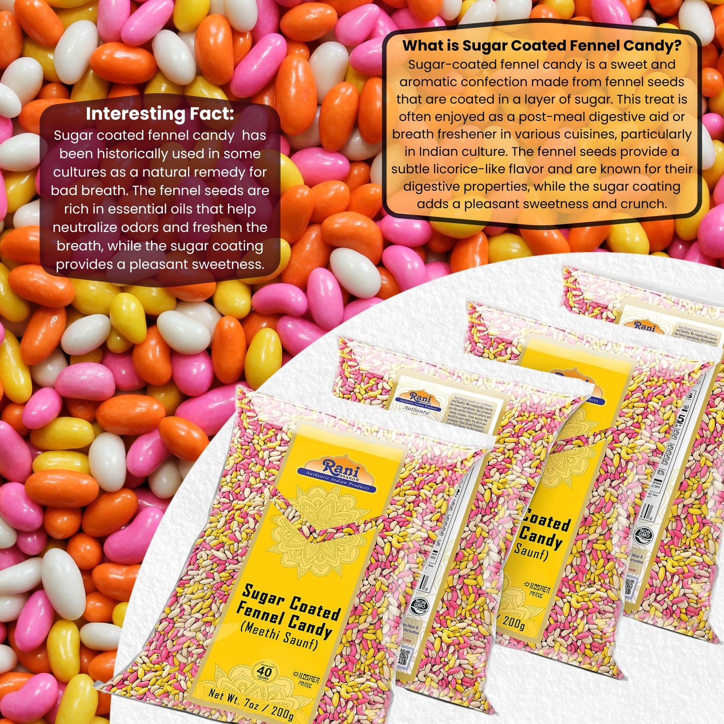 Rani Sugar Coated Fennel Candy 7oz 200g (Pack of 4, 28oz/800g total) ~ Indian After Meal Digestive Treat | Vegan | Gluten Friend
