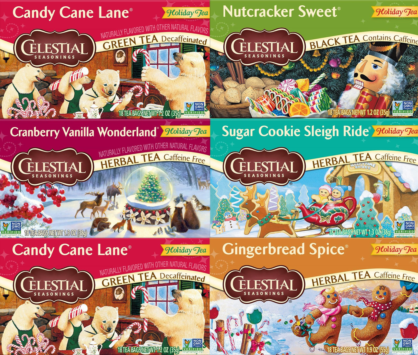 Celestial Seasonings Holiday Tea Sampler Herbal Variety Pack, Caffeine Free, 18 Tea Bags, Pack of 6