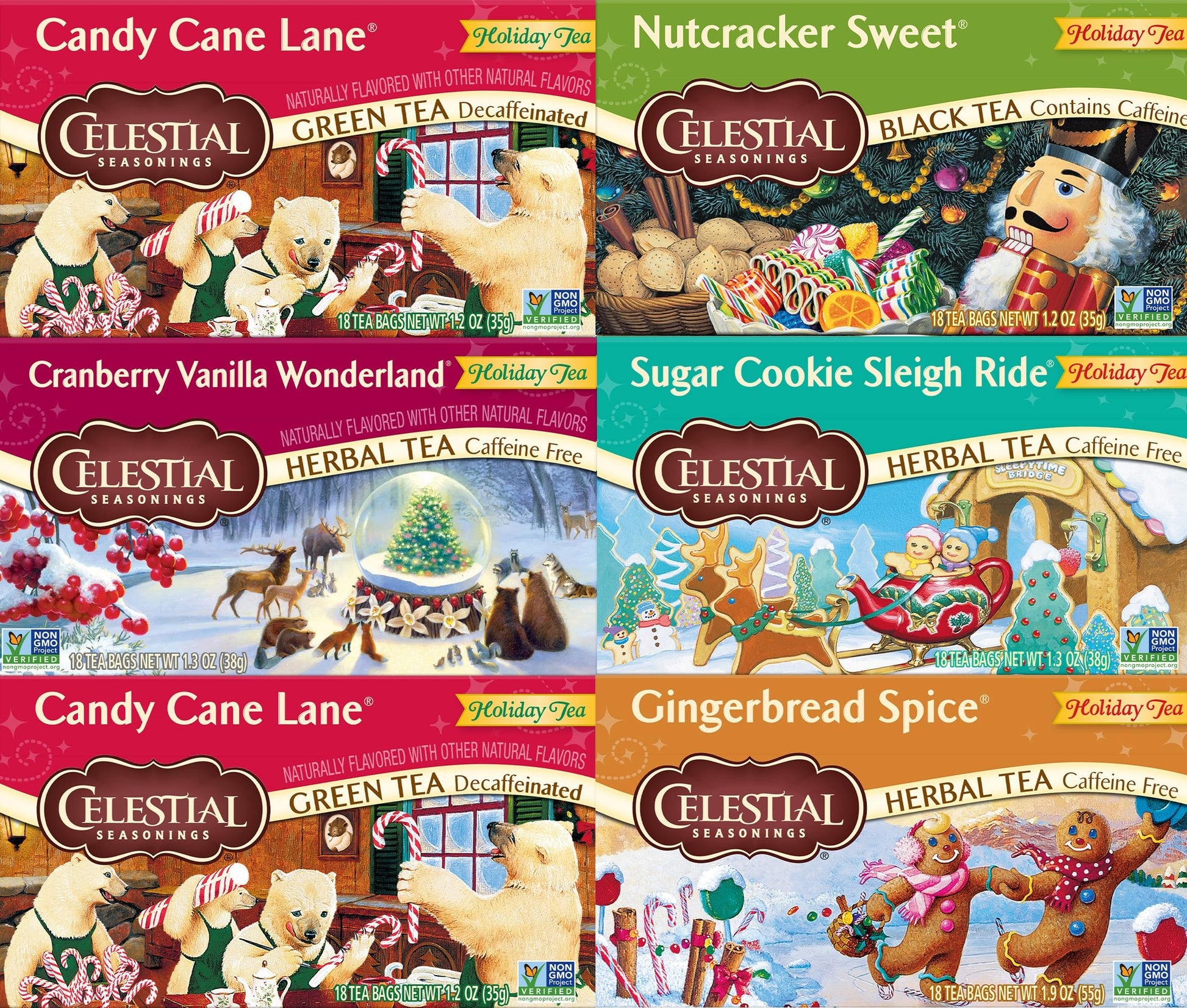 Celestial Seasonings Holiday Tea Sampler Herbal Variety Pack, Caffeine Free, 18 Tea Bags, Pack of 6