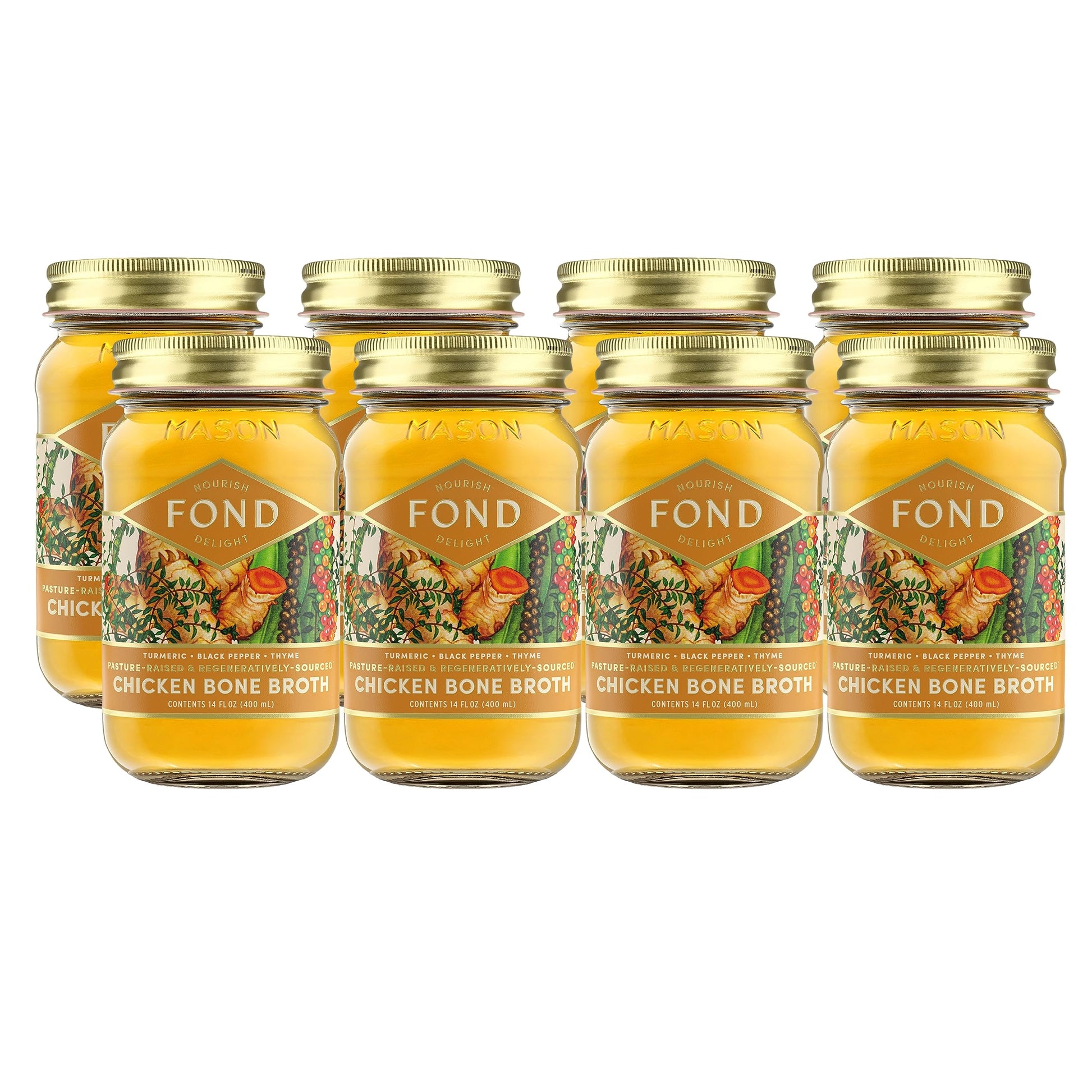 Fond Regenerative Pasture-Raised Chicken Bone Broth Infused With Organic Turmeric & Black Pepper – Slow-Simmered Chicken Broth For Rich Flavor, Nutrient-Dense, Artisan Quality – 14 Oz (8-Pack)