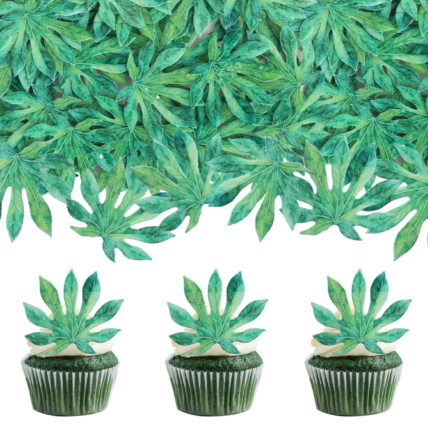Rsstarxi 60 Pack Edible Cupcake Toppers - Rice Paper Green Leaves Decoration for Parties and Anniversaries, Design 4