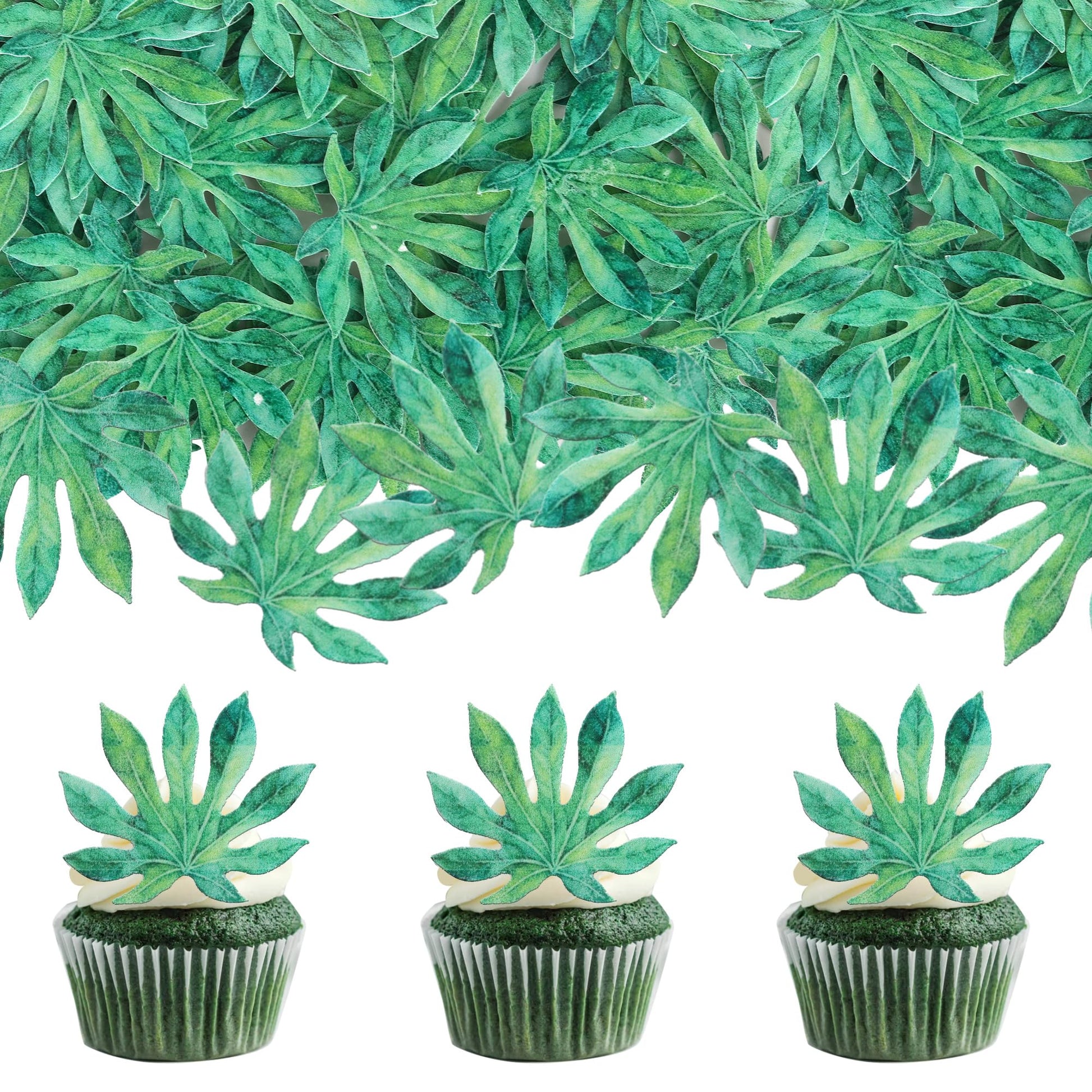 Rsstarxi 60 Pack Edible Cupcake Toppers - Rice Paper Green Leaves Decoration for Parties and Anniversaries, Design 4