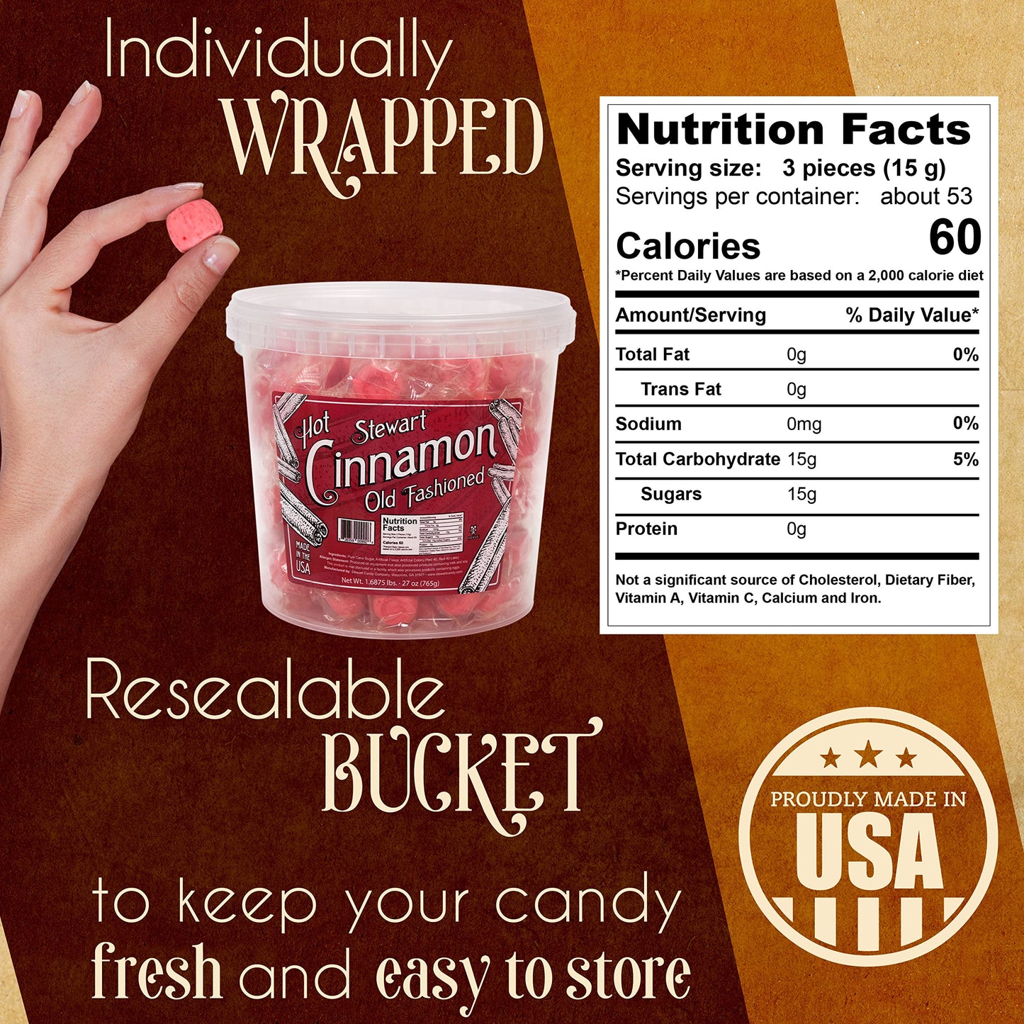 Stewart Old Fashioned Hot Cinnamon Candy Puffs | Red Cinnamon Candies Individually Wrapped Candy | Pure Cane Sugar Candy | Fat-Free, Cholesterol-Free, Gluten-Free | Made In Usa - 27 Oz Tub