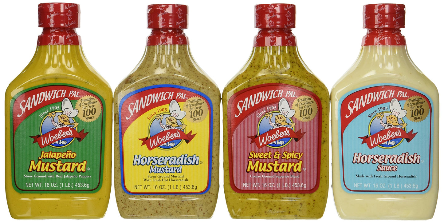 Woeber'S Sandwich Pal 4 Flavor Variety Bundle: (1) Woeber'S Horseradish Mustard, (1) Woeber'S Sweet & Spicy Mustard, (1) Woeber'