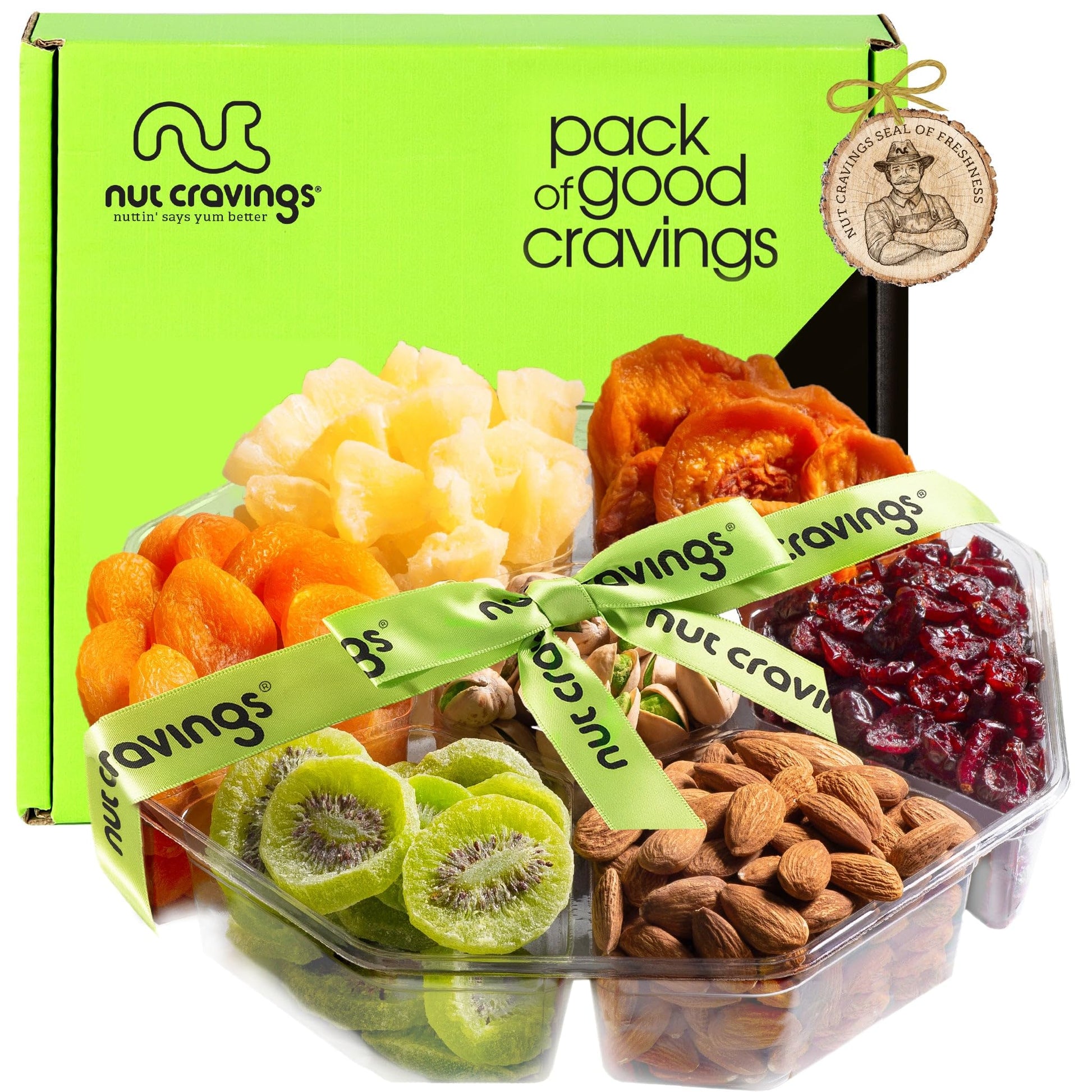 Nut Cravings Gourmet Collection - Rosh Hashana & Shana Tova Dried Fruit & Mixed Nuts Gift Basket + Green Ribbon (7 Assortments,