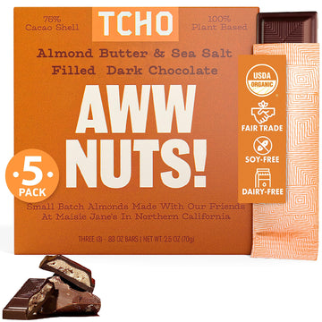 Tcho Aww Nuts! Dark Chocolate Bars (5 Pack) | Single Origin, Plant Based, Organic & Fair Trade, | Non Gmo, Non-Dairy, Vegan, Soy