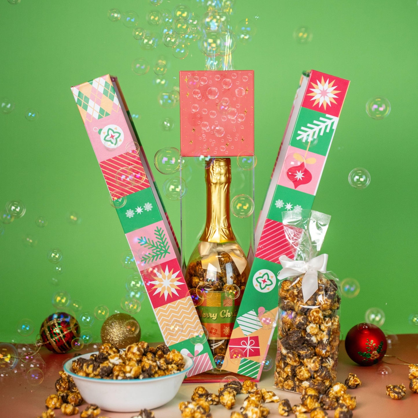 Merry Christmas Bubble Box With Holiday Caramel Corn By Send A Cake, Ready To Gift, No Assembly Required - Christmas Surprise - Unique Gift For Women, Men, Mature-Themed, Kids