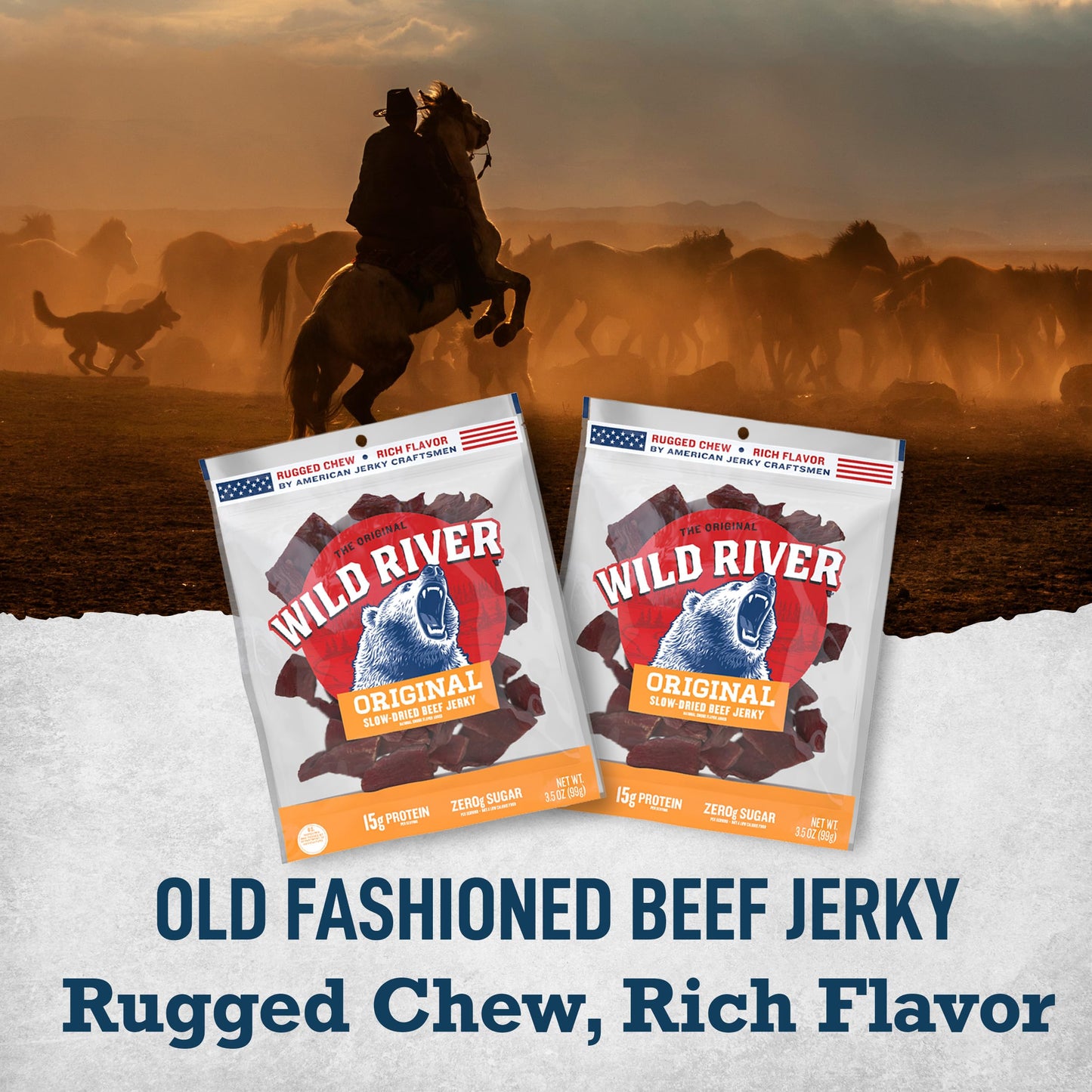 Wild River Beef Jerky, Old Fashioned 100% Gluten Free Protein Snacks, Savory Meat Snack, 15g Protein, 4 Count (3.5 Ounce Each)