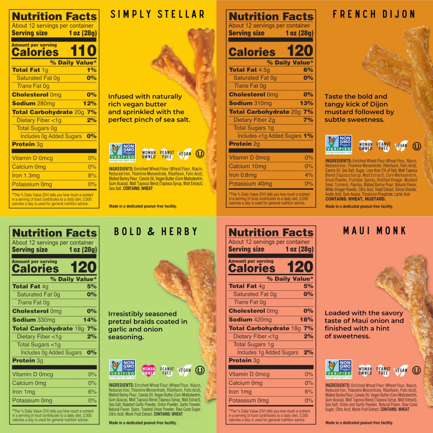 STELLAR SNACKS Pretzel Braids Variety Pack, 4 Flavors, 12 Oz, Vegan, Kosher, Non-GMO, Healthy Snack