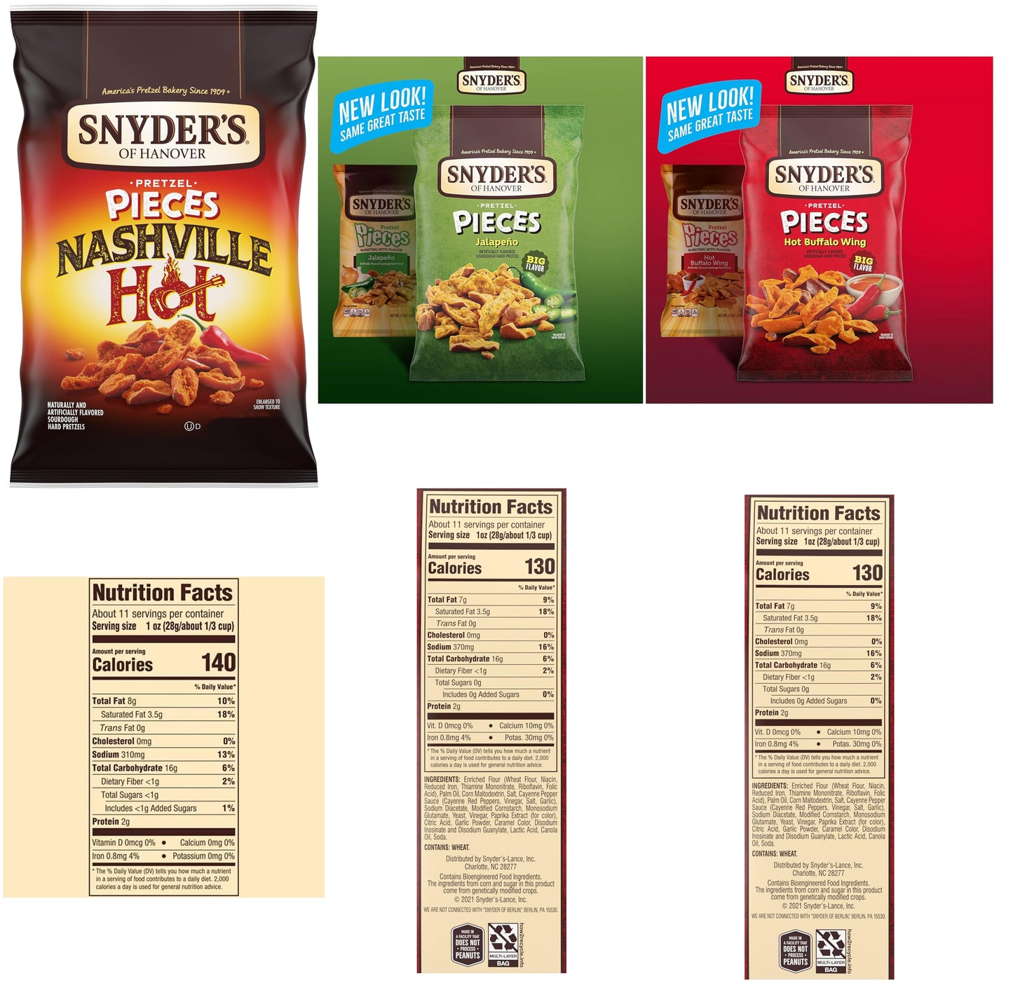SUPERDEALS Snyders of Hanover Pretzel Pieces, Spicy Variety, 12 Pack, 2.25 Oz each, Total 27 Oz, Nashville Hot, Jalapeno, Hot Buffalo Wing