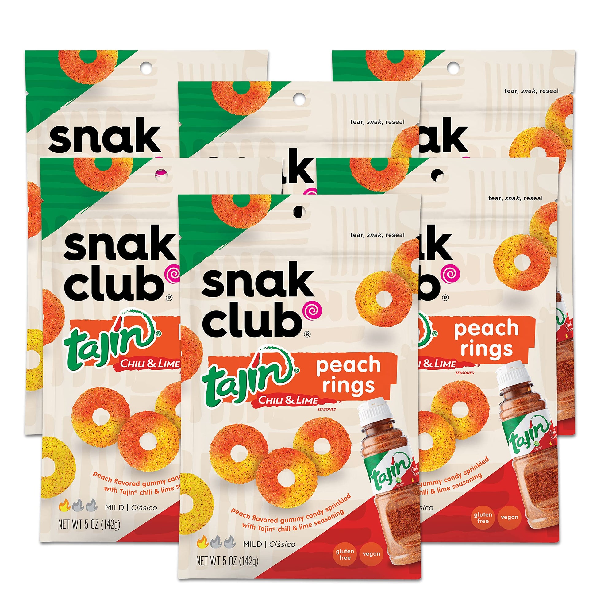 Snak Club Tajin Peach Rings, Sweet and Spicy Gummy Snacks, 5oz Resealable Bag, 6 Count