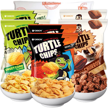 K-Munchies Orion Turtle Chips - 6 Variety Packs, 49G - Churro Chips (2), Sweet Corn Chips (2), And Flamin' Lime Korean Chips (2)