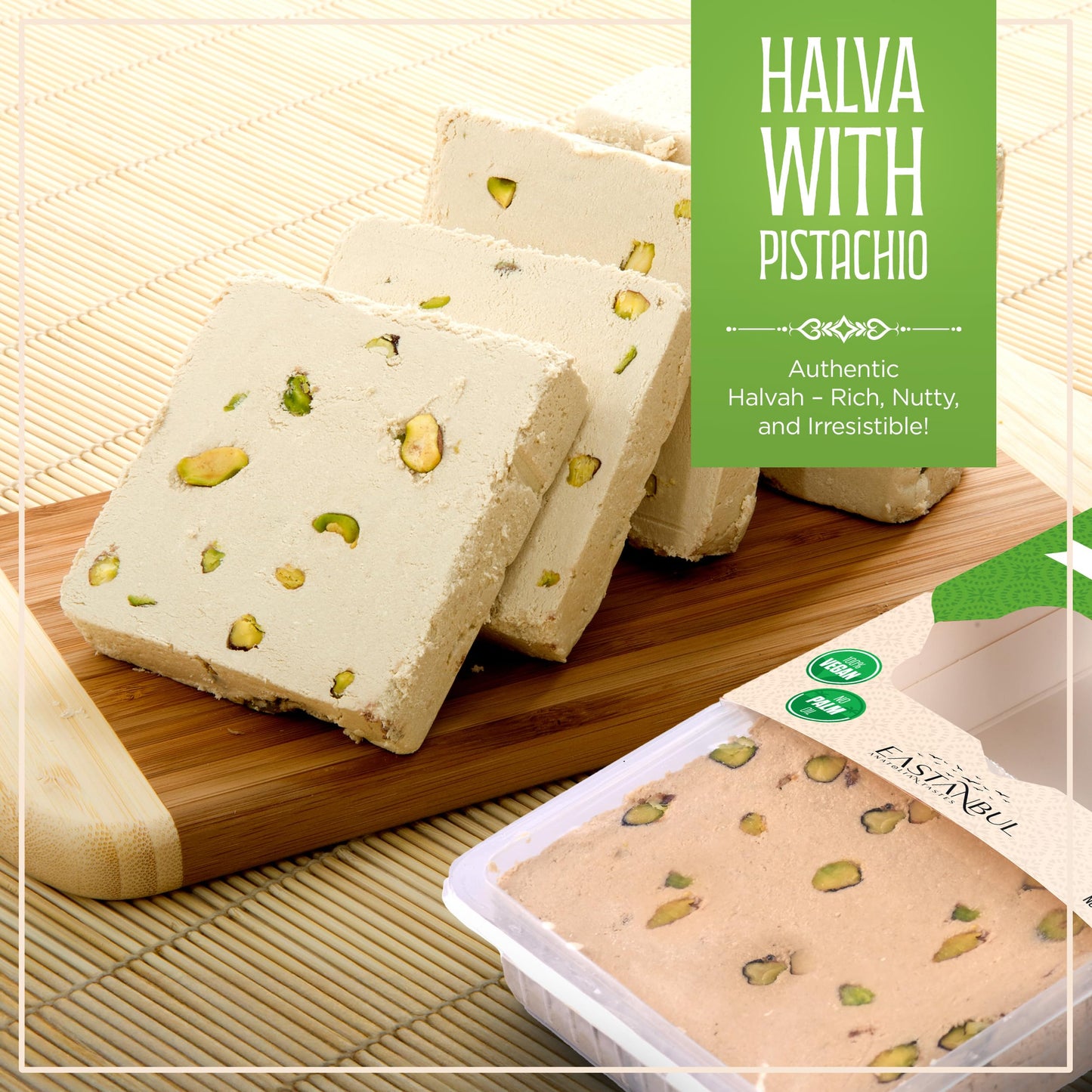 Eastanbul Halvah With Pistachio, 10.6Oz, Turkish Halva, Tahini Halvah, Pistachio Halva Candy, Traditional Sesame Dessert, Vegan,