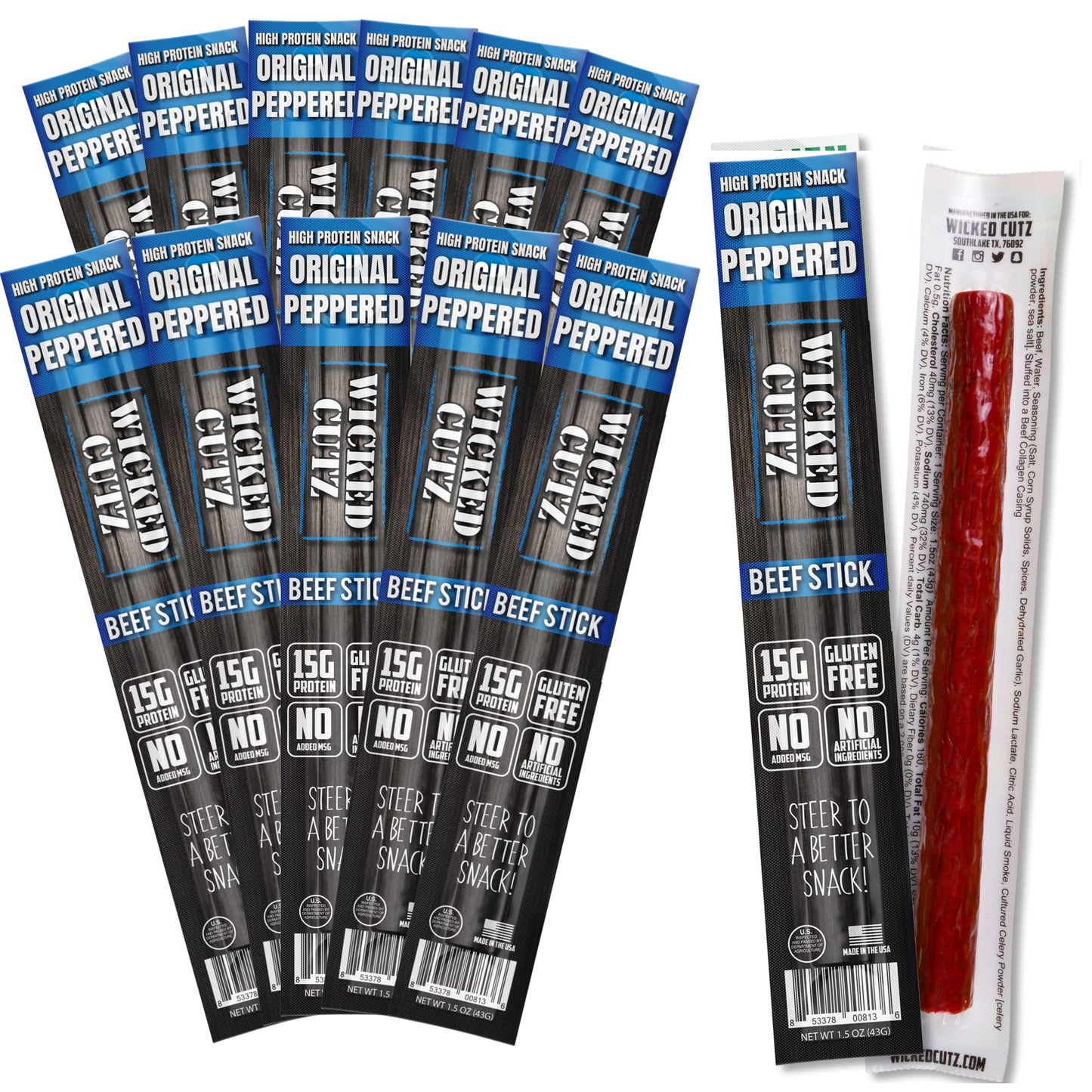 Wicked Cutz Beef Sticks, 15g Protein Each, Tender & Juicy, 12 Pack, 1.5 Ounce