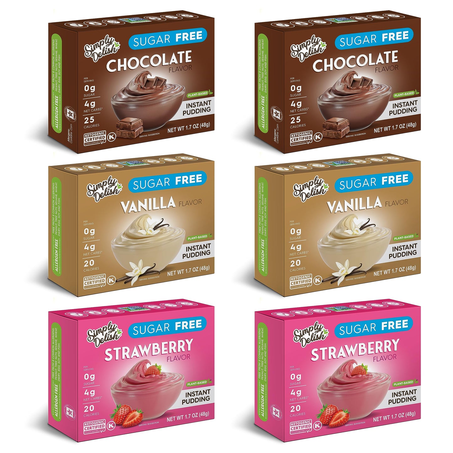 Simply Desserts Vanilla, Strawberry & Chocolate Instant Pudding, Sugar-Free, Variety 12-Pack - Healthy Dessert, Keto Snacks, Veg