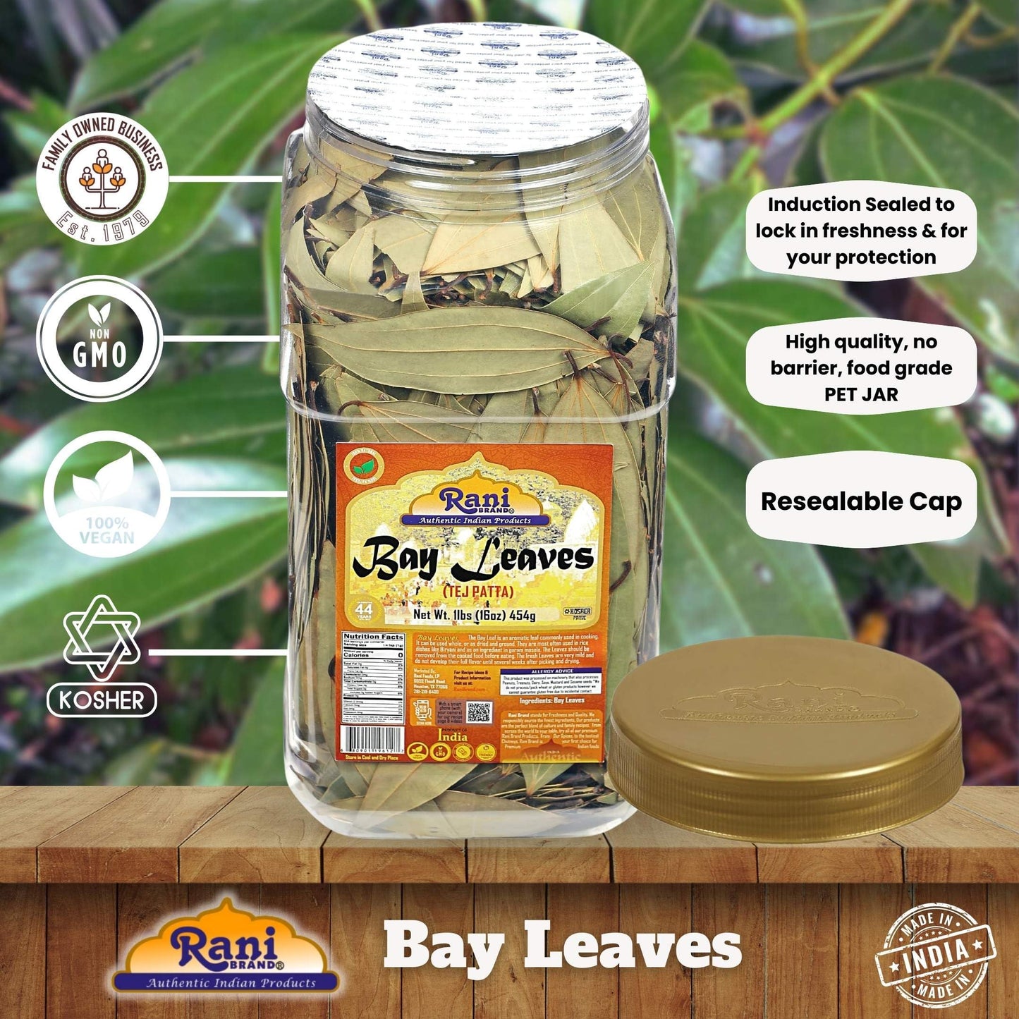 Rani Bay Leaf (Leaves) Whole Spice Hand Selected Extra Large 16Oz (1Lb) 454G Bulk Pet Jar ~ All Natural | Gluten Friendly | Non-Gmo | Kosher | Vegan | Indian Origin (Tej Patta)