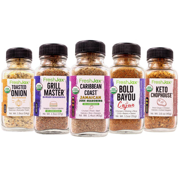 Freshjax Keto Seasoning Gift Set | Pack Of 5 Organic Keto Premium Spices And Seasonings | Toasted Onion, Grill Master, Carribbean Coast, Bold Bayou, And Keto Chophouse - Keto Gift Set