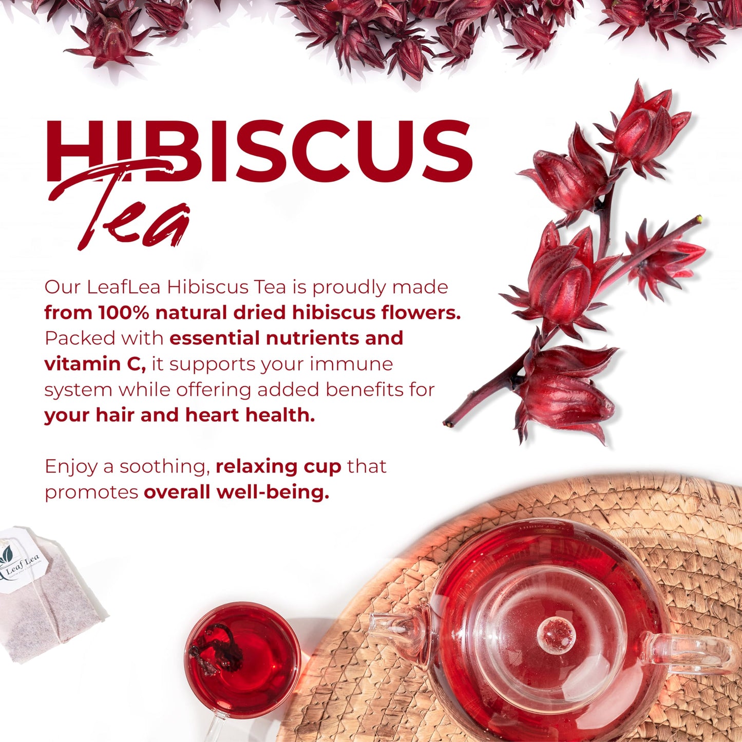 LeafLea Hibiscus Tea Bags, Caffeine-Free Herbal Tea, 40 Count, Gluten-Free, Vegan