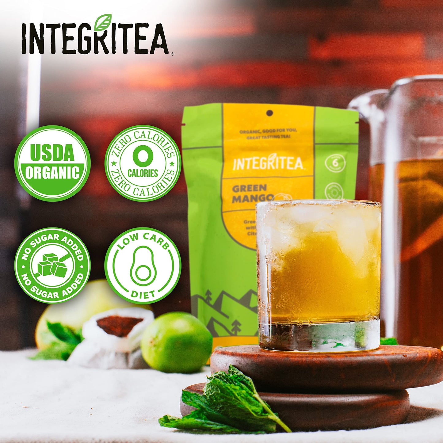 Integritea Green Mango Flavored Green Tea, 6 Organic Unsweetened Iced Tea Bags, 6 Gallons, Hot Or Cold Brew, Fairly & Sustainabl