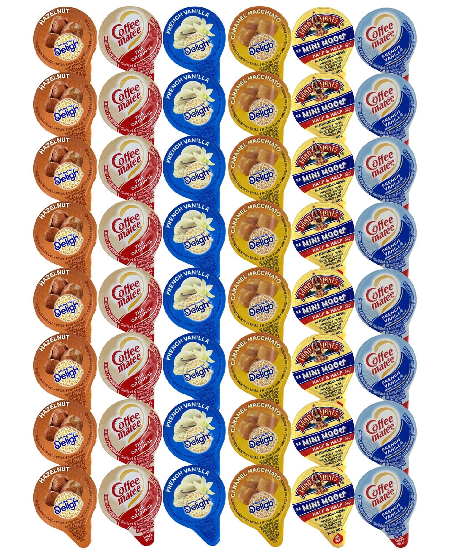 48 Assorted Coffee Creamer Singles Pack - 6 Flavored Variety Bundle, Including Caramel Macchiato, Half & Half, French Vanilla, a