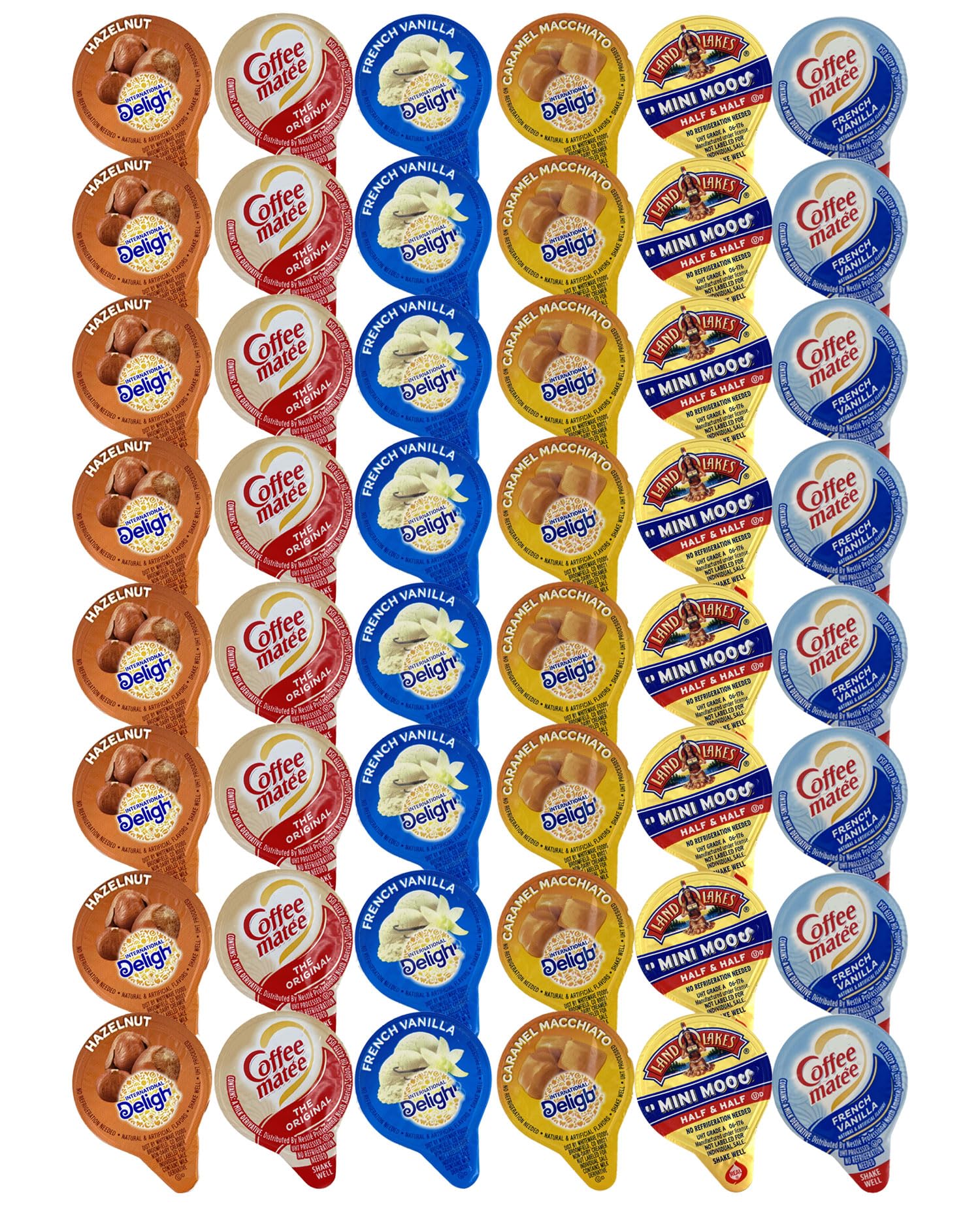 48 Assorted Coffee Creamer Singles Pack - 6 Flavored Variety Bundle, Including Caramel Macchiato, Half & Half, French Vanilla, a